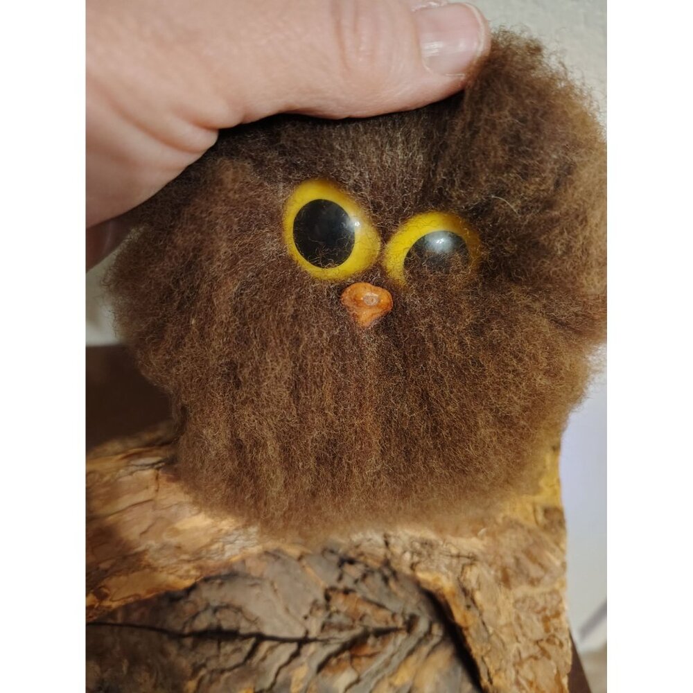 Vintage Wooly Whooos Furry Wool Owl Burl Wood Sculpture Sandy Finch Kitsch Decor